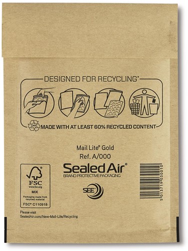 Mail Lite luchtkussenenveloppen, goud, A/000, 110 x 160 mm, doos van 100 stuks