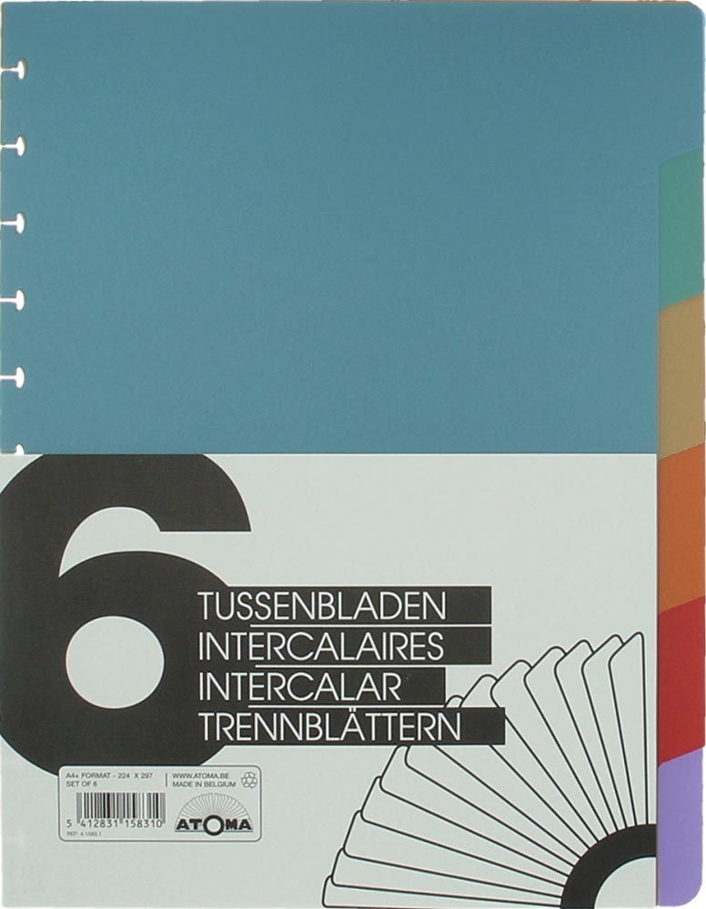 Atoma tabbladen, voor A4+ schriften, uit PP, set van 6, geassorteerde kleuren Atoma tabbladen, voor A4+ schriften, uit PP, set van 6, geassorteerde kleuren