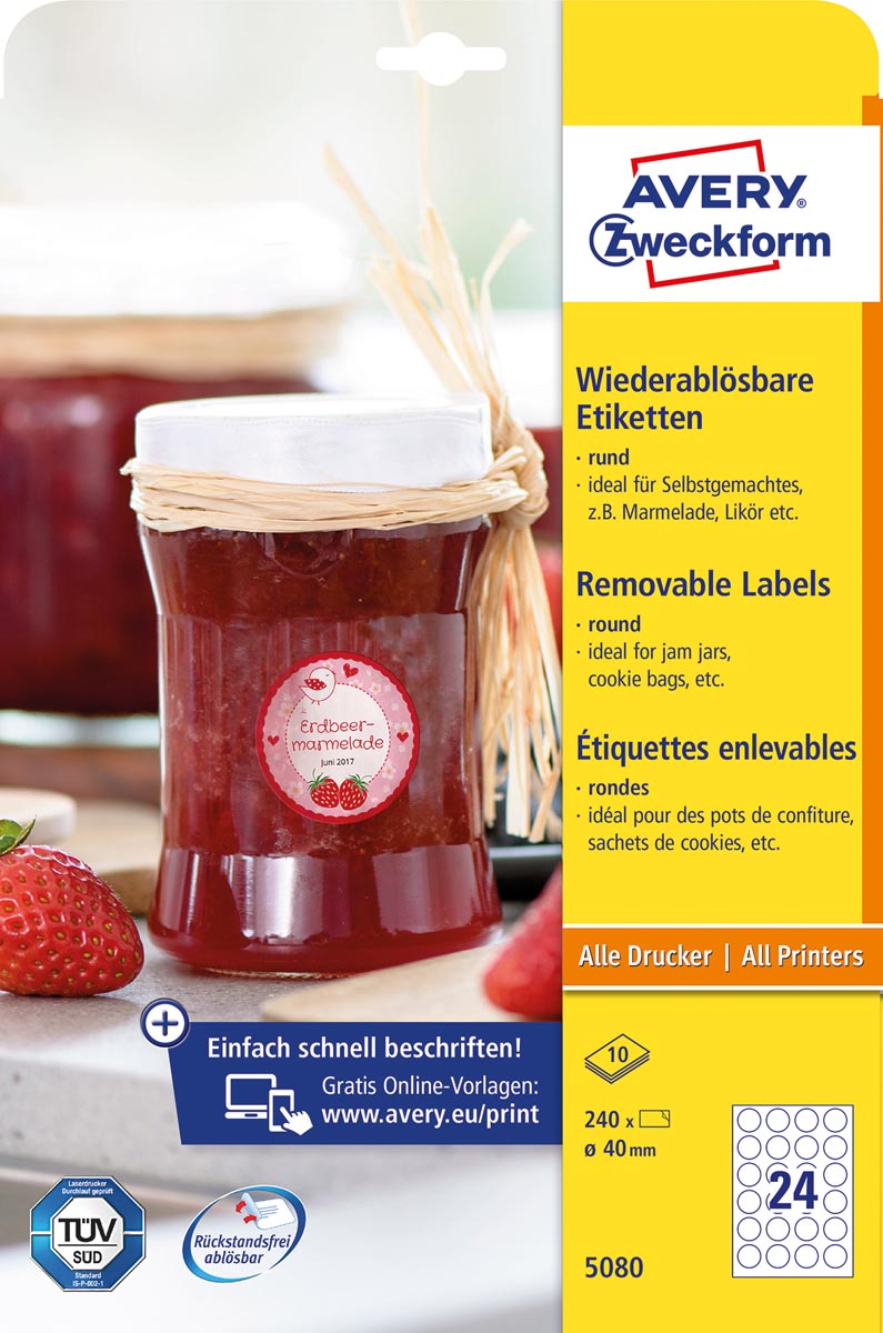 Avery Zweckform ronde etiketten, diameter 40 mm, wit, afneembaar, 240 etiketten, 10 vellen afbeelding