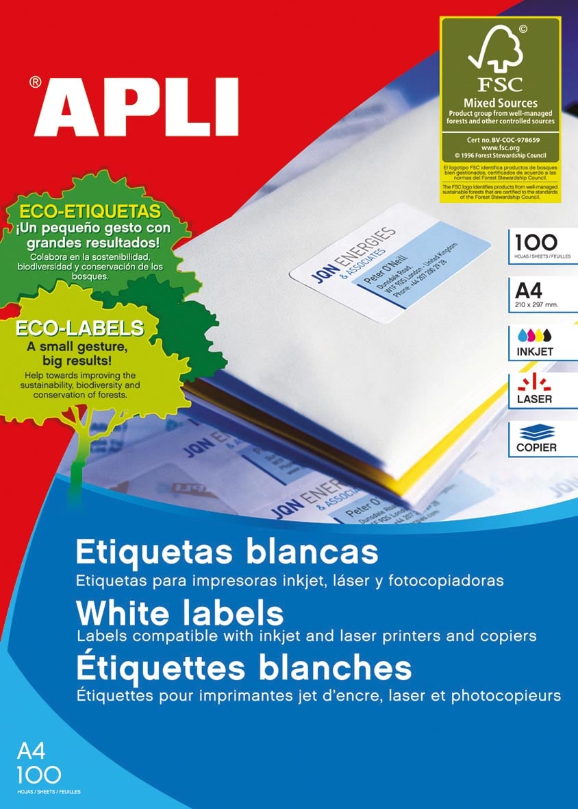 Apli witte etiketten ft 105 x 42,4 mm (b x h), 1.400 stuks, 14 per blad (1277) afbeelding