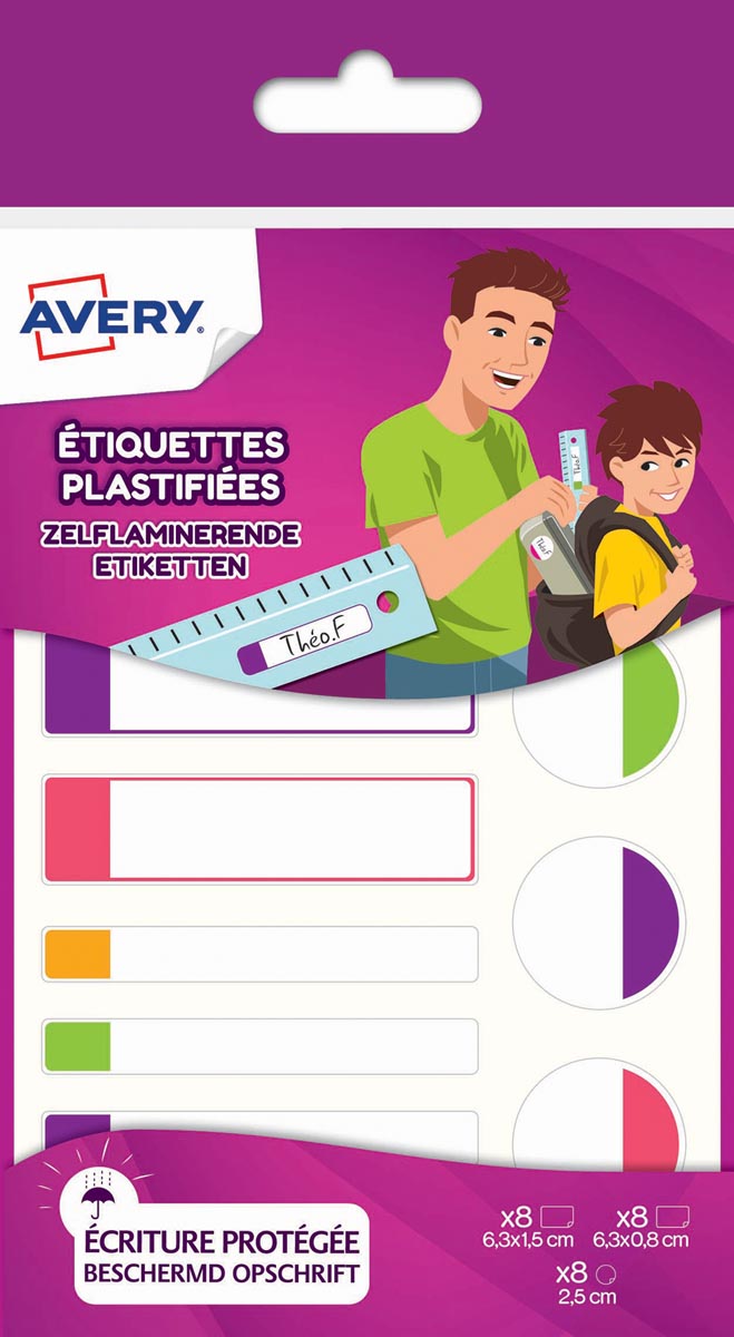 Afbeelding van Avery Family gelamineerde etiketten, etui met 24 etiketten, geassorteerde formaten en fluo kleuren