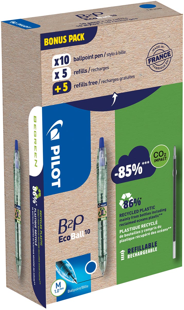 Pilot Ecoball B2P BeGreen balpen, medium punt, 0,3 mm 10 stuks + 10 vullingen, blauw afbeelding