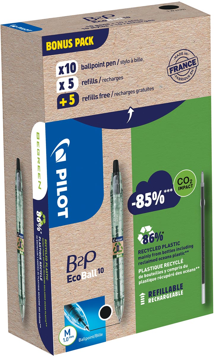 Pilot Ecoball B2P BeGreen balpen, medium punt, 0,3 mm 10 stuks + 10 vullingen, zwart afbeelding