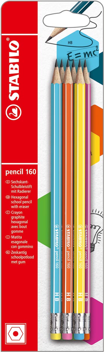 Stabilo grafietpotlood 160 HB met gom, blister met 6 stuks in geassorterde kleuren
