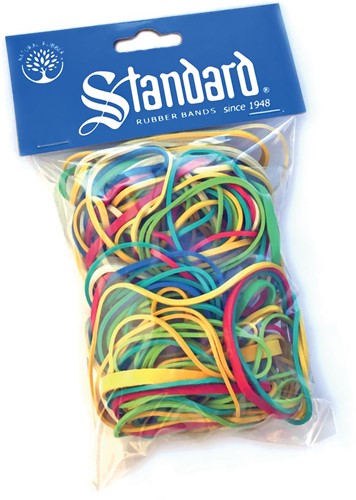 Standard elastieken 5 populaire afmetingen, geassorteerde kleuren, zakje van 100 g
