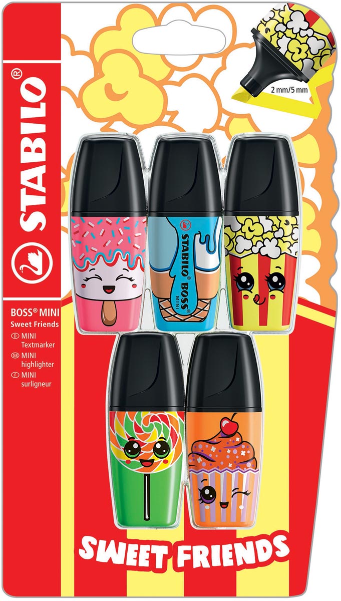 STABILO BOSS MINI Sweet Friends markeerstift, blister van 5 stuks in geassorteerde kleuren