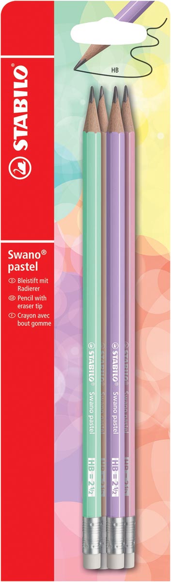STABILO Swano pastel potlood, HB, met gom, blister van 4 stuks in geassorteerde kleuren