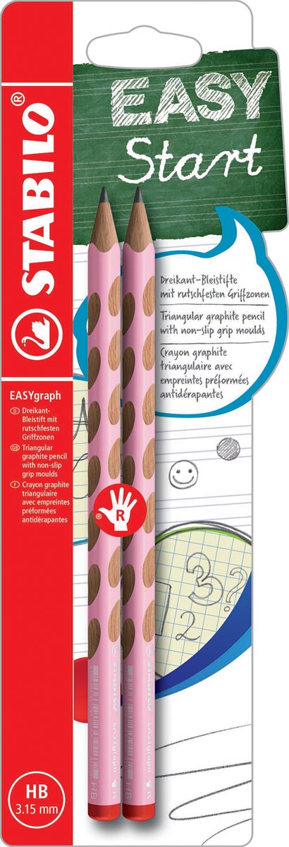 STABILO EASYgraph S Pastel potlood, HB, 3,15 mm, blister van 2 stuks, voor rechtshandigen, roze