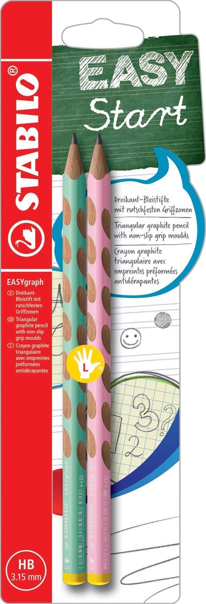 STABILO EASYgraph S Pastel potlood, HB, 3,15 mm, blister van 2 stuks, voor linkshandigen, groen en roze