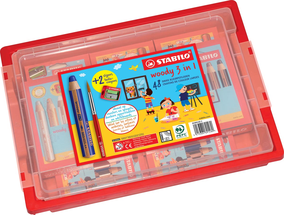 STABILO woody 3in1 kleurpotlood, classpack van 48 stuks, assorti + 2 slijpers