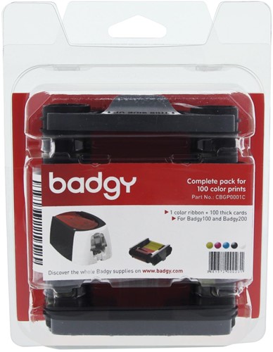 Pakket van 1 x kleurenlint en 100 blanco kaarten van 0,76 mm voor Badgy100 of Badgy200-2