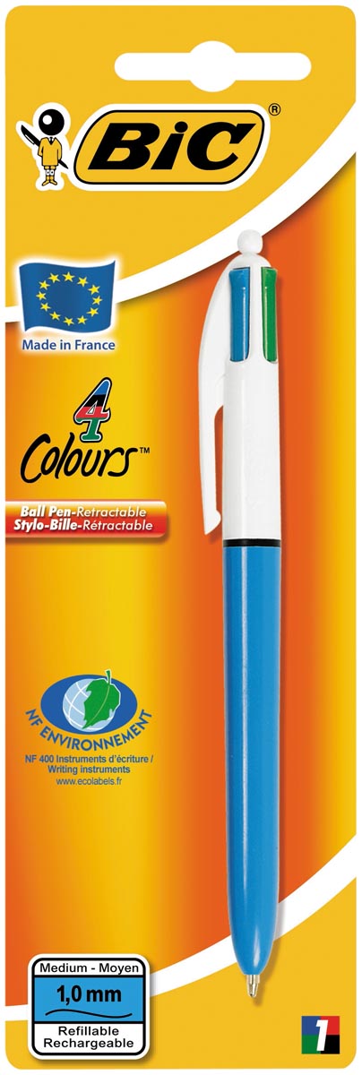 Bic 4 Colours Original 4-kleurenbalpen, medium, klassieke inktkleuren, lichaam blauw, op blister afbeelding