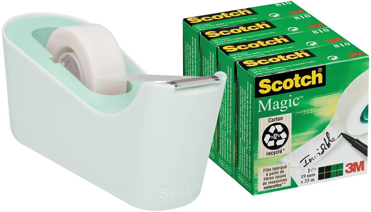 Scotch verzwaarde plakbandafroller inclusief 4 rollen Scotch magic tape, muntgroen Scotch verzwaarde plakbandafroller inclusief 4 rollen Scotch magic tape, muntgroen