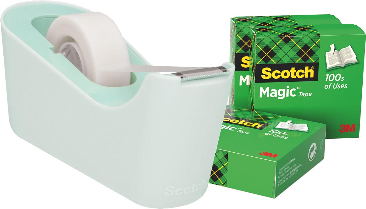 Scotch verzwaarde plakbandafroller inclusief 4 rollen Scotch magic tape, muntgroen Scotch verzwaarde plakbandafroller inclusief 4 rollen Scotch magic tape, muntgroen