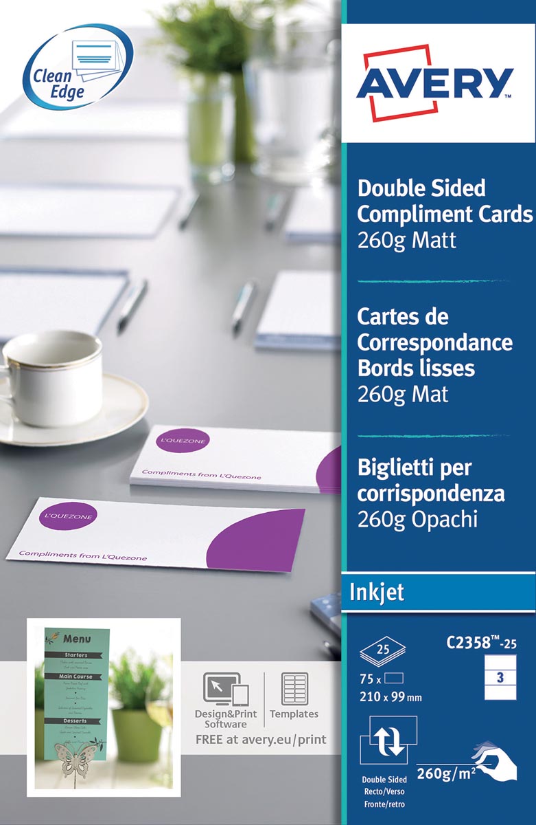 Avery complimentenkaarten, dubbelzijdig, 260 g/m², 3 per blad, 75 stuks