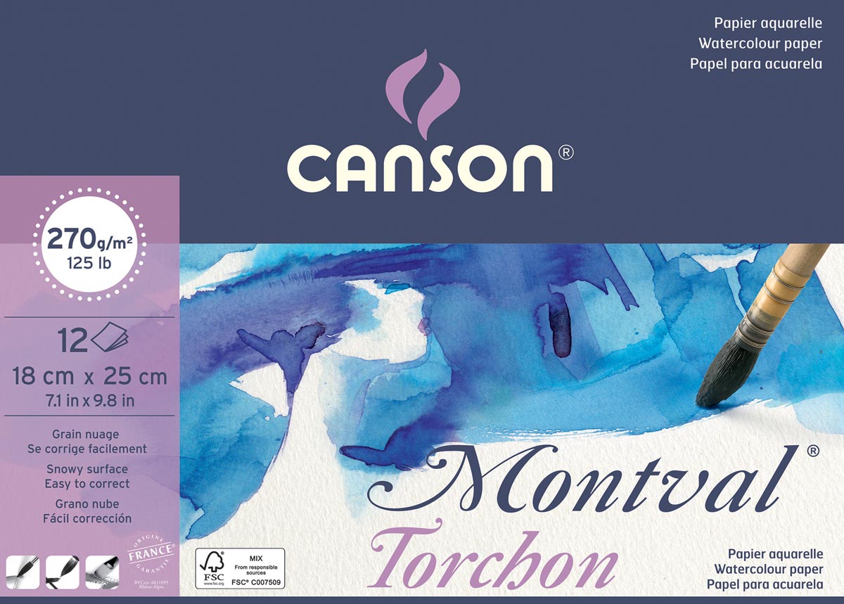 Montval aquarelpapier, wit met grove korrel 270 g/m², ft 18 x 25 cm, blok met 12 vellen