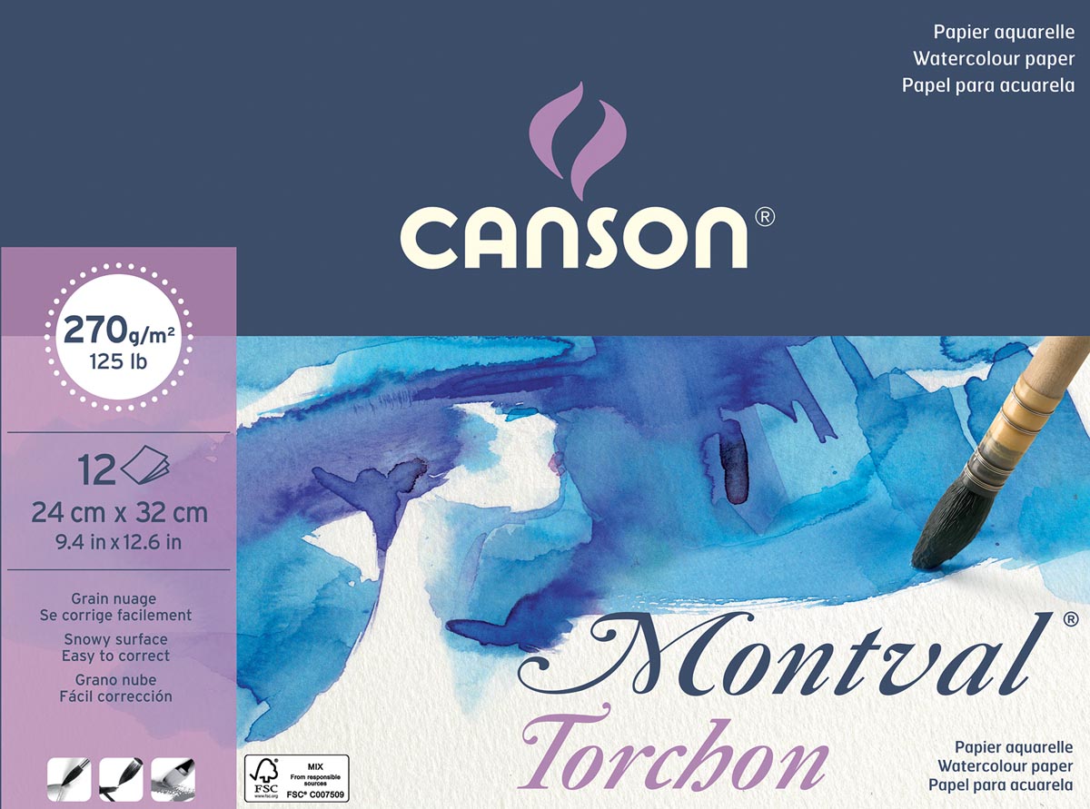 Montval aquarelpapier, wit met grove korrel 270 g/m², ft 24 x 32 cm, blok met 12 vellen