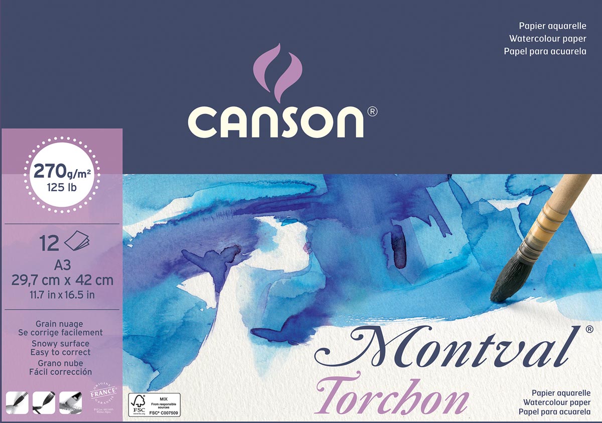 Montval aquarelpapier, wit met grove korrel 270 g/m², ft A4, blok met 12 vellen