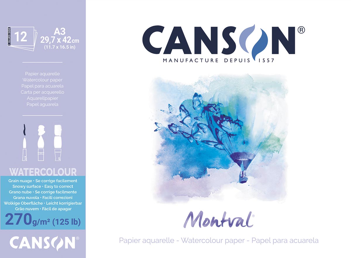 Montval aquarelpapier, wit met grove korrel 270 g/m², ft A3, blok met 12 vellen afbeelding