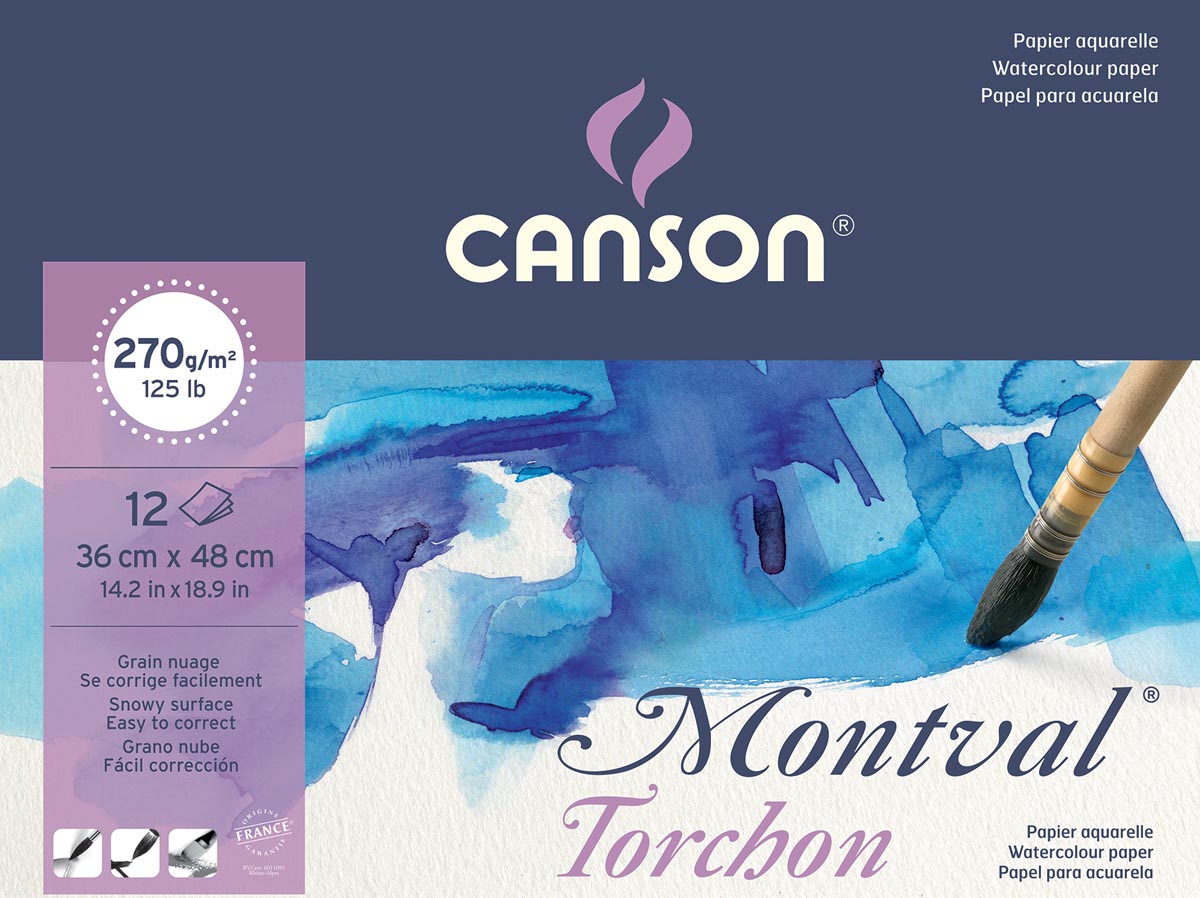 Montval aquarelpapier, wit met grove korrel 270 g/m², ft 36 x 48 cm, blok met 12 vellen
