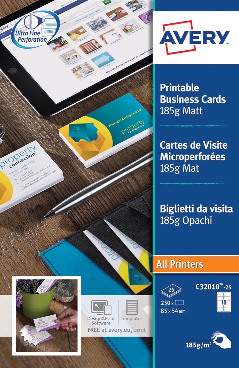 AVERY visitekaarten 185 g/m², 10 per blad, 250 stuks afbeelding