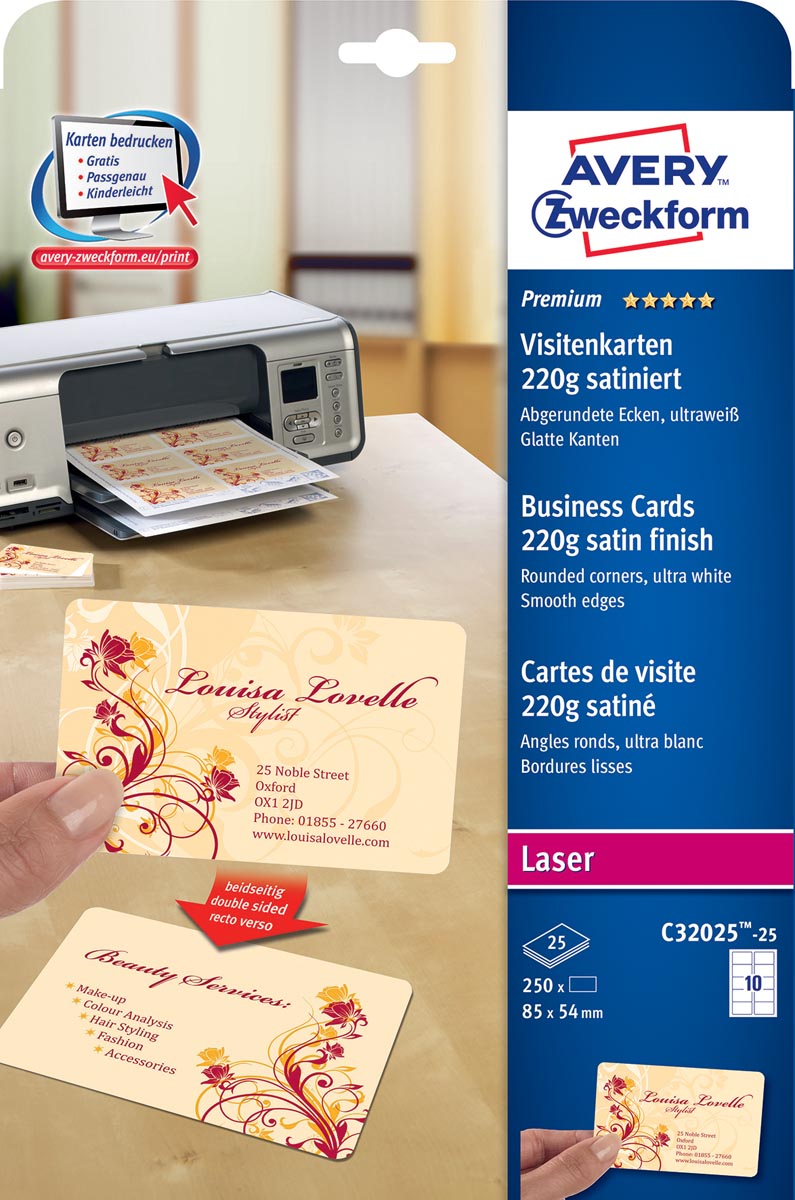 Avery visitekaarten, satijn, ronde hoeken 220 g/m², 10 per blad, 250 stuks