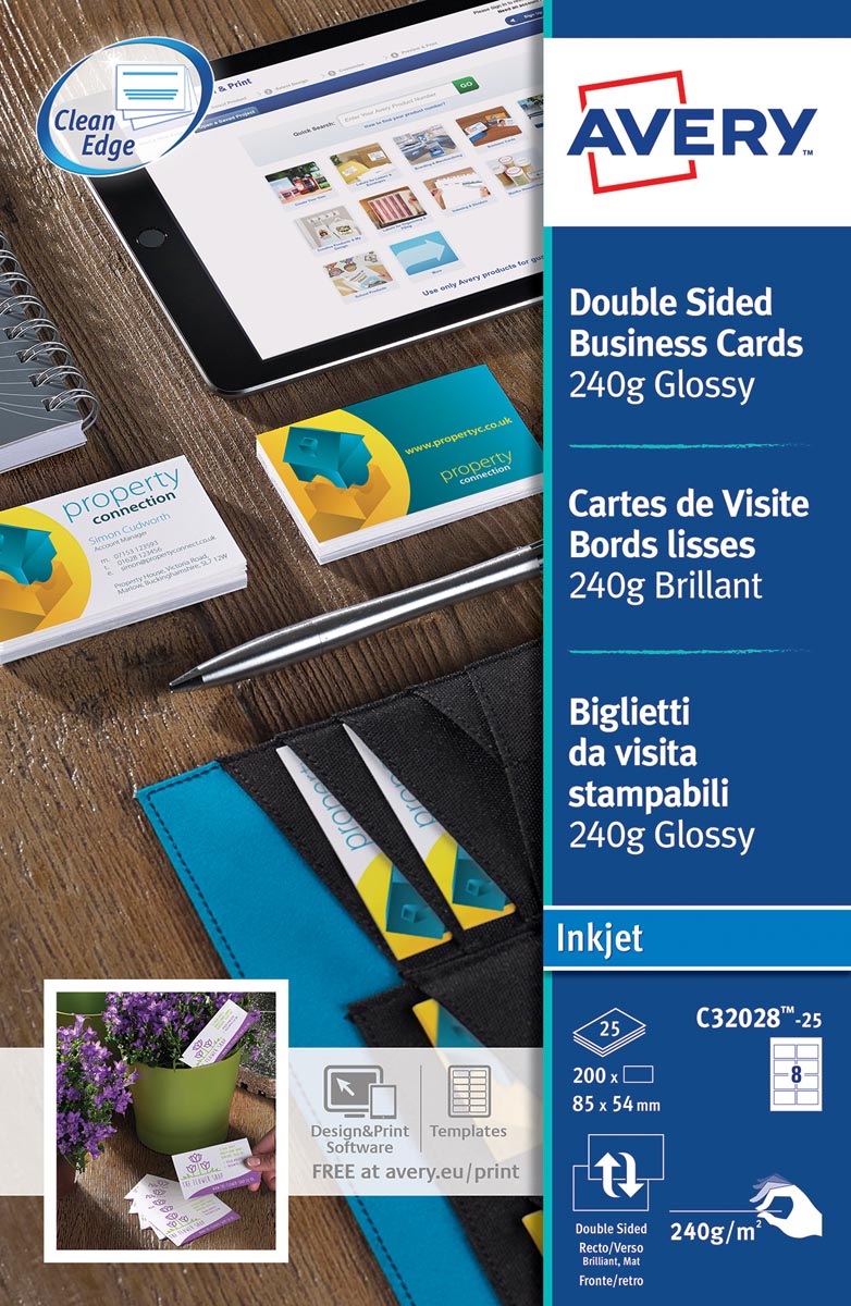 AVERY visitekaarten voor inkjet Quick&Clean glanzend, 200 kaartjes, 250 g/m²