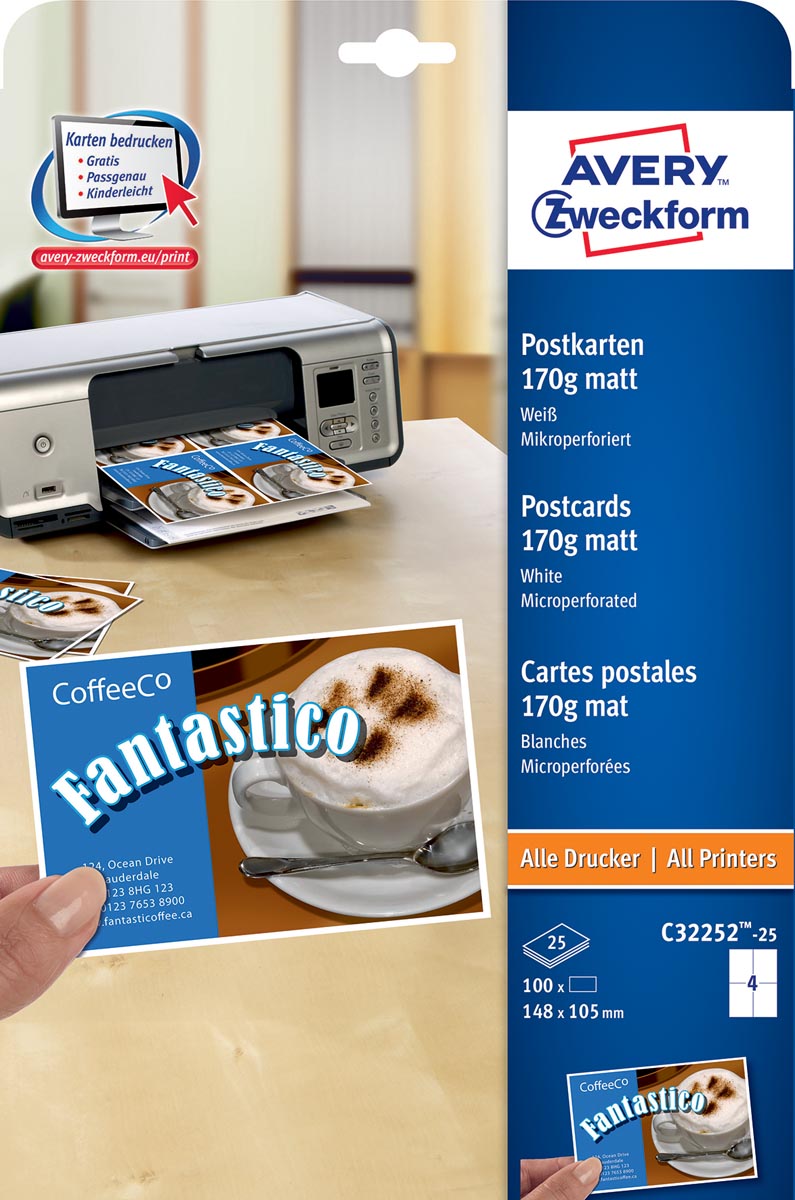 Avery briefkaart, 170 g/m², 4 per blad, 100 stuks afbeelding