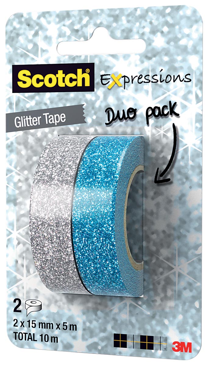 Scotch Expressions glitter tape, 15 mm x 5 m, blister met 2 stuks in geassorteerde kleuren afbeelding