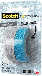 Scotch Expressions glitter tape, 15 mm x 5 m, blister met 2 stuks in geassorteerde kleuren
