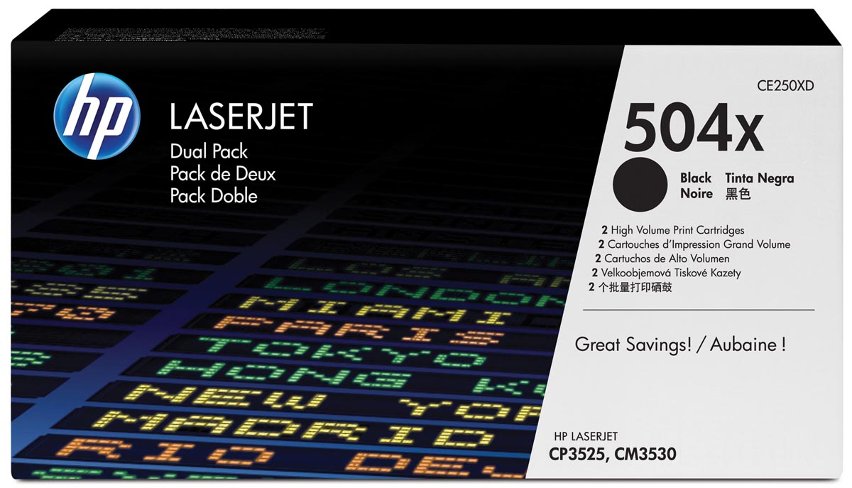 HP toner 504X, 10 500 pagina's, OEM CE250XD, zwart, duopack