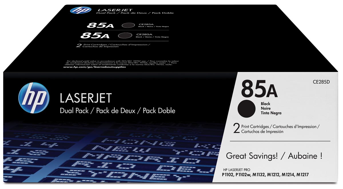 HP toner 85A, 1 600 pagina&apos;s, OEM CE285AD, zwart, duopack afbeelding