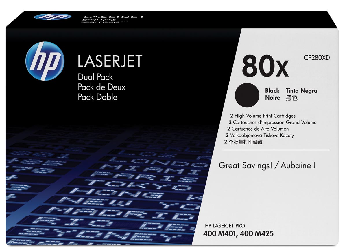 HP toner 80X, 6 900 pagina&apos;s, OEM CF280XD, zwart, duopack afbeelding