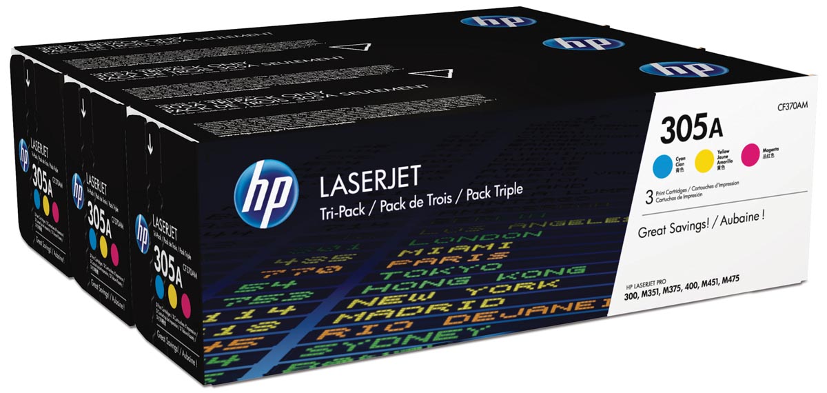 HP toner 305A, 3 x 2 600 pagina's, OEM CF370AM, 3 kleuren HP toner 305A, 3 x 2 600 pagina's, OEM CF370AM, 3 kleuren