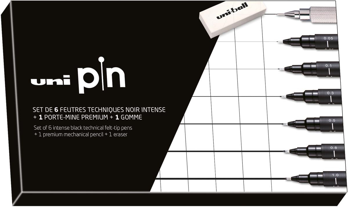 Uni-ball Uni Pin fineliner, ronde punt, zwart, doos van 6 stiften + vulpotlood en gom