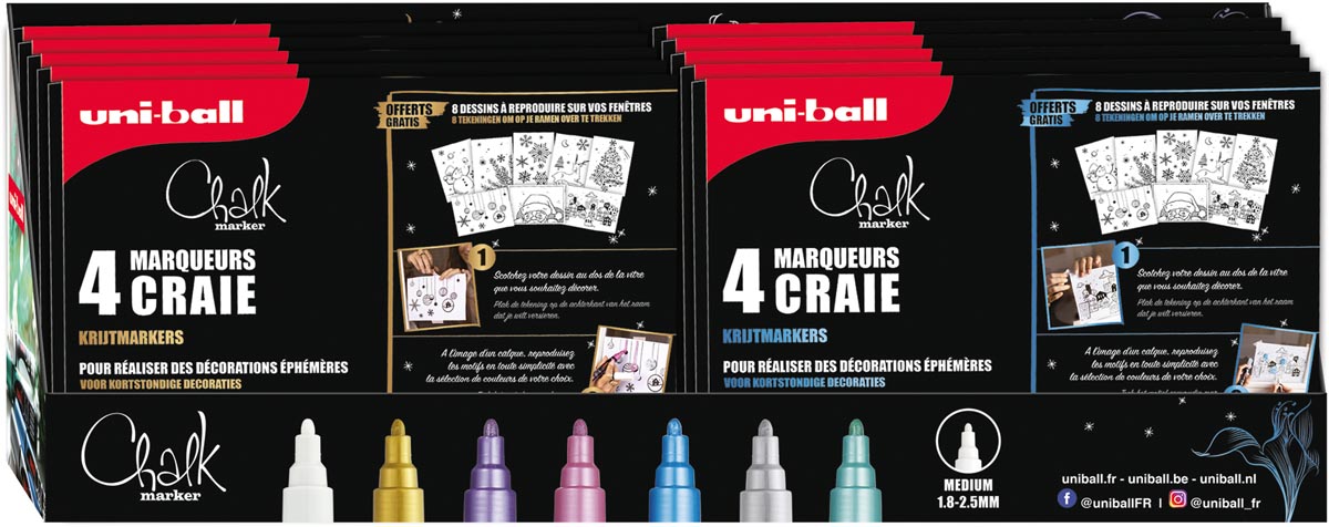 Uni-ball krijtmarker, assorti, display van 10 doosjes van 4 stiften