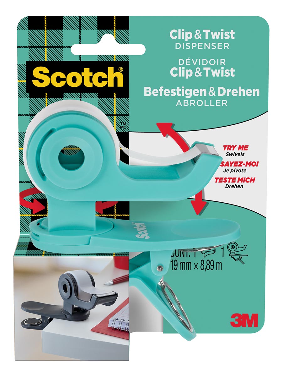 Scotch clip & twist plakbandafroller inclusief 1 rol Scotch Magic tape, appelblauwzeegroen