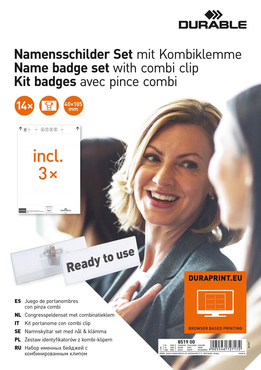 Durable badge met combiklem, ft 40 x 105 mm, set van 14 badges met 42 inserts