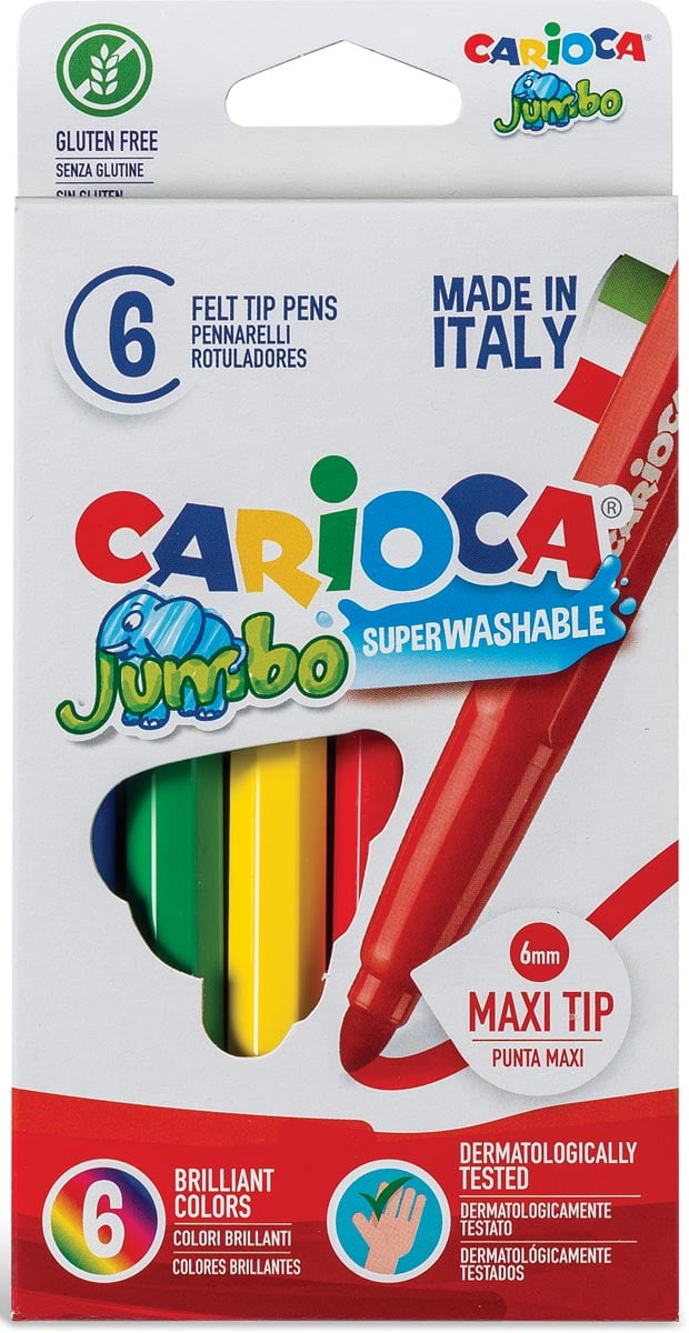 Carioca viltstift Jumbo Superwashable 6 stiften in een kartonnen etui Carioca viltstift Jumbo Superwashable 6 stiften in een kartonnen etui