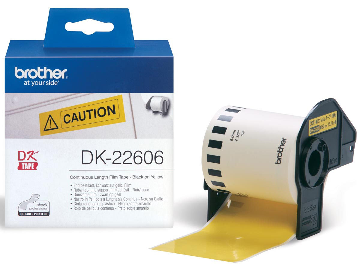 Brother doorlopende labelrol voor QL, ft 62 mm x 15,24 m, plastic film, geel Brother doorlopende labelrol voor QL, ft 62 mm x 15,24 m, plastic film, geel