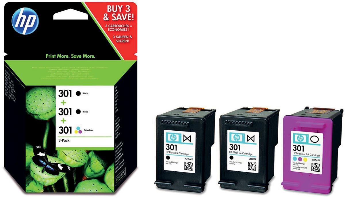 HP inktcartridge 301, 165-190 pagina's, OEM E5Y87EE, 2 x zwart en 1 x 3 kleuren
