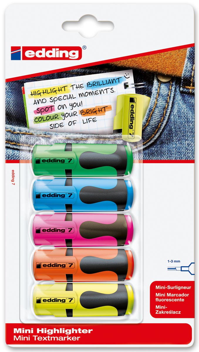 Edding mini markeerstift 7, blister met 5 stuks geassorteerde kleuren