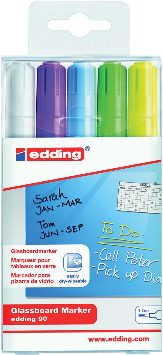 Edding glasbordmarker 90, ophangetui met 5 stuks in geassorteerde kleuren (assortiment 1)
