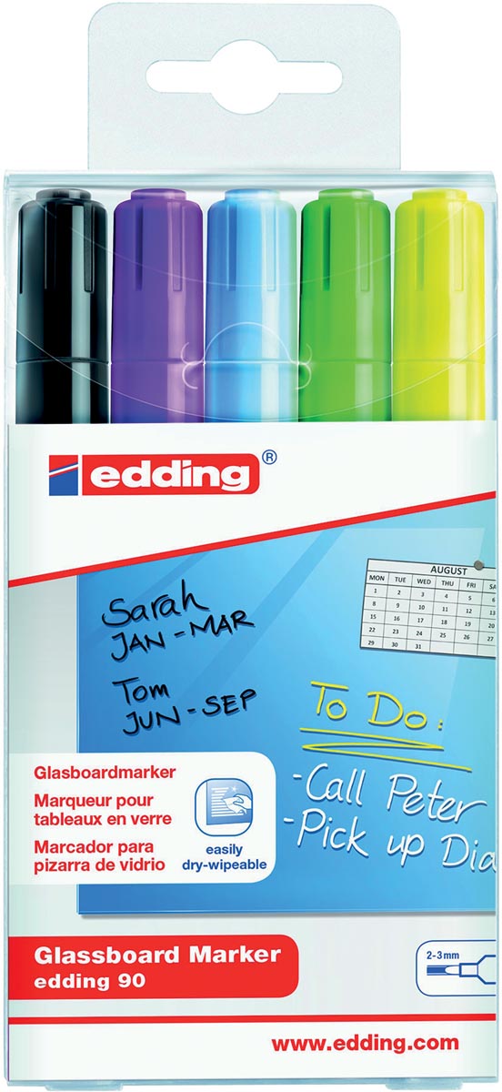 Edding glasbordmarker 90, ophangetui met 5 stuks in geassorteerde kleuren (assortiment 2)