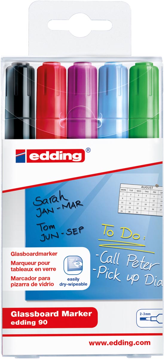 Edding glasbordmarker 90, ophangetui met 5 stuks in geassorteerde kleuren (assortiment 3)