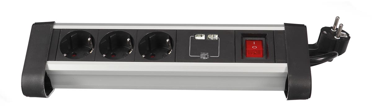 Perel desktop contactdoos met 3 stopcontacten, 2 USB-poorten en schakelaar, zwart, voor Nederland afbeelding