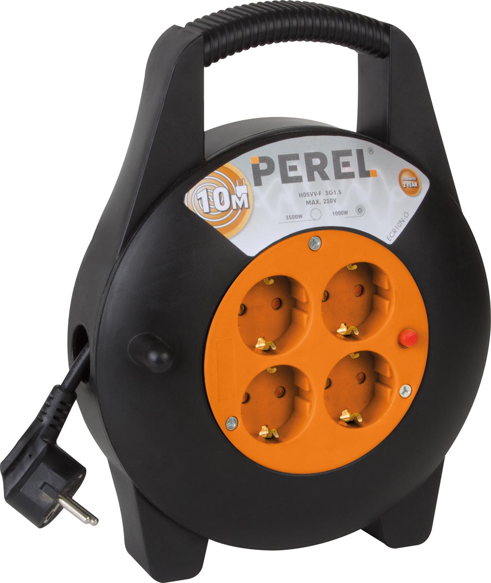 Perel kabelhaspel 3G1.5, met 4 stopcontacten, 10 m, geel en zwart afbeelding