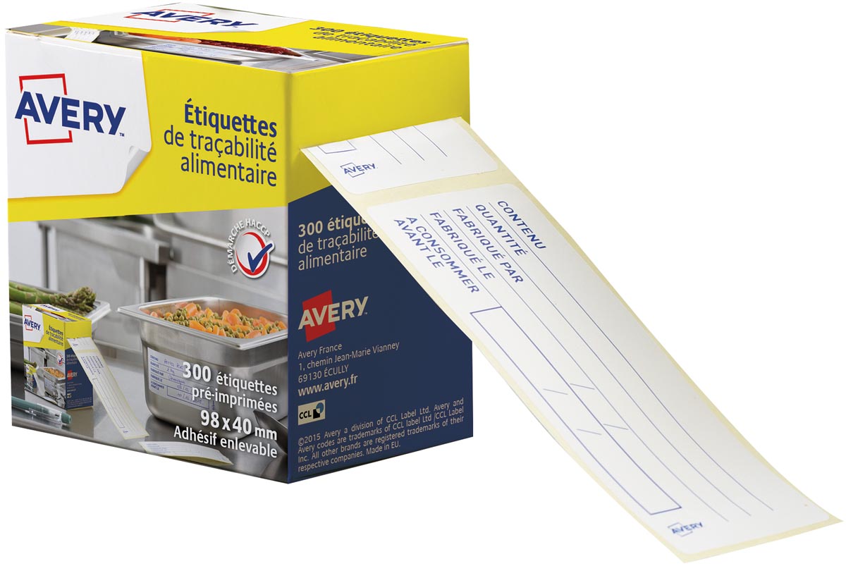 Avery etiketten voedselcodering, ft 98 x 40 mm, 1 rol met 300 afscheurbare etiketten in dispenser, Frans