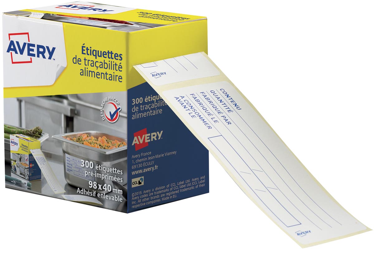 Afbeelding van Avery etiketten voor voedselcodering, ft 98 x 40 mm, 1 rol met 300 afscheurbare etiketten in dispenser