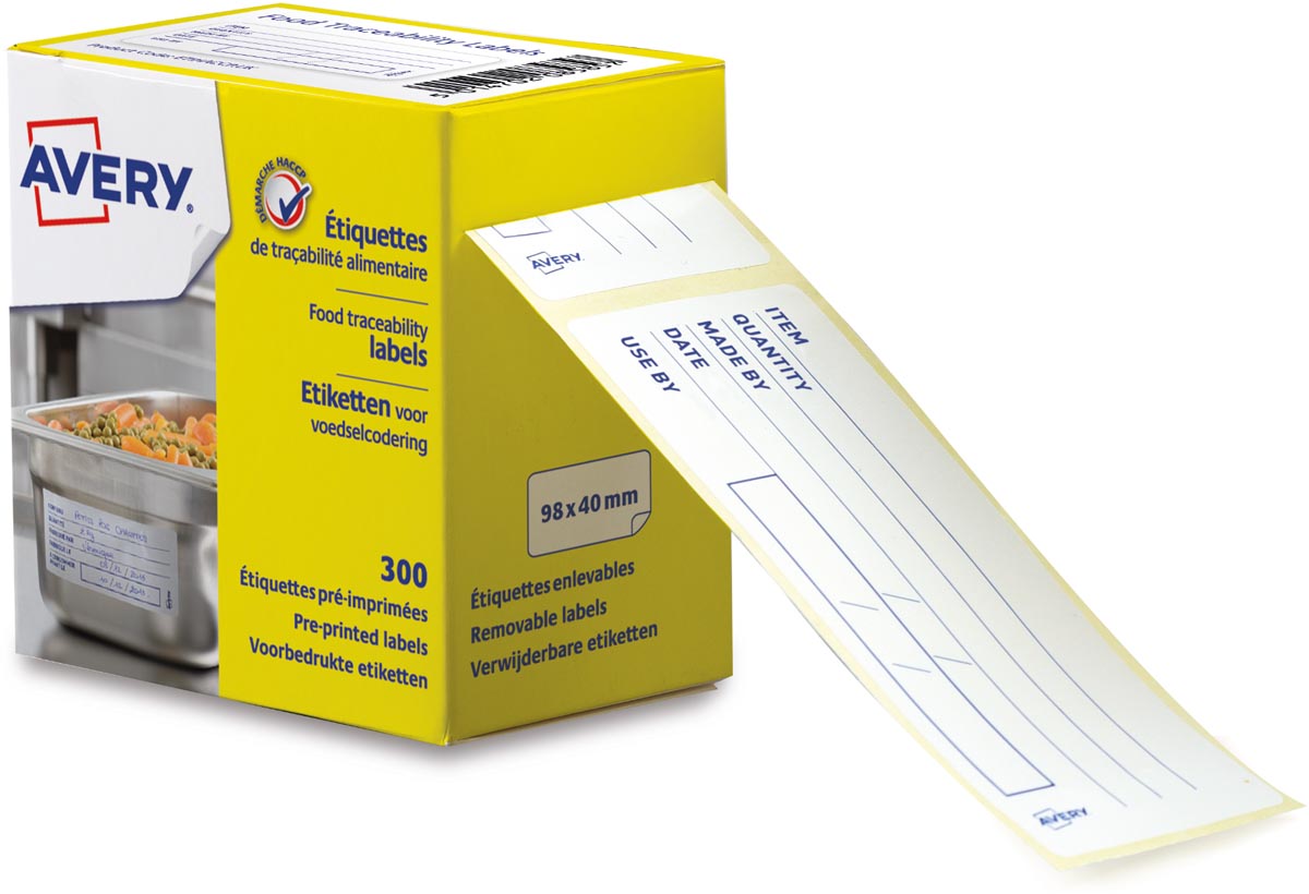 Avery etiketten voedselcodering, ft 98 x 40 mm, 1 rol met 300 afscheurbare etiketten in dispenser, Engels afbeelding